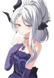 Rule 34 | 1girl, absurdres, black horns, blue archive, blush, breasts, cleavage, closed mouth, collarbone, demon horns, dress, elbow gloves, gloves, grey hair, highres, hina (blue archive), hina (dress) (blue archive), horns, jewelry, long hair, multiple horns, necklace, purple dress, purple eyes, purple gloves, rirua (kjom802), simple background, sleeveless, sleeveless dress, small breasts, smile, solo, strapless, strapless dress, upper body, white background