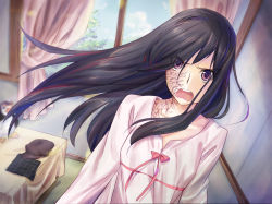 Rule 34 | 10s, 1girl, angry, artist request, bad end, bed, bedroom, bird, black hair, curtains, day, doll, game cg, hair over one eye, highres, ikezawa hanako, indoors, katawa shoujo, long hair, non-web source, pajamas, penguin, purple eyes, room, scar, solo, spoilers, window