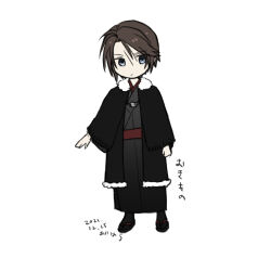 Rule 34 | 1boy, black kimono, black robe, black socks, blue eyes, brown hair, chibi, commentary request, dated, expressionless, final fantasy, final fantasy viii, full body, fur-trimmed robe, fur trim, hiryuu (kana h), japanese clothes, kimono, male focus, red sash, robe, sandals, sash, scar, scar on face, short hair, signature, simple background, socks, solo, squall leonhart, translation request, white background