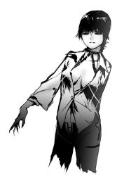 Rule 34 | 1girl, black eyes, black hair, claws, demon, djmax, djmax portable, greyscale, monochrome, open clothes, open shirt, pale skin, ress, shirt, short hair, simple background, solo, strap, vampire, white background