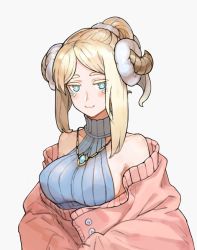 Rule 34 | 1girl, :3, bad id, bad pixiv id, bare shoulders, blonde hair, blush, closed mouth, collarbone, eyes visible through hair, facial mark, grey background, horns, jewelry, kahill, medium hair, necklace, original, ponytail, sheep girl, sheep horns, simple background, smile, solo, turtleneck, upper body