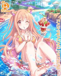 Rule 34 | 1girl, barefoot, bikini, blonde hair, blush, breasts, card (medium), character name, cygames, feet, floater (floater80012059), food, foreshortening, frilled bikini, frills, fruit, hair ornament, hair rings, halterneck, hatsune (princess connect!), hatsune (real) (princess connect!), highres, ice cream, innertube, kiwi (fruit), kiwi slice, long hair, looking at viewer, medium breasts, official art, one eye closed, palm tree, parfait, people, princess connect!, purple eyes, side-tie bikini bottom, soles, sparkle, strawberry, swim ring, swimsuit, toes, tree, utensil in mouth, very long hair, waterpark, yellow bikini