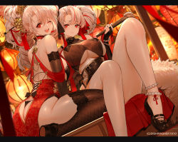 Rule 34 | 2girls, ass, ass cutout, azur lane, bare shoulders, blush, breasts, clothing cutout, dishwasher1910, dress, duplicate, highres, large breasts, long hair, looking at viewer, multicolored hair, multiple girls, one eye closed, open mouth, pixel-perfect duplicate, ponytail, prinz adalbert (azur lane), prinz heinrich (azur lane), red dress, red eyes, red hair, sitting, smile, streaked hair, thighhighs, white hair
