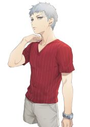 Rule 34 | 1boy, cropped legs, grey eyes, grey hair, isa (peien516), male focus, parted lips, persona, persona 3, red shirt, sanada akihiko, shirt, short sleeves, shorts, simple background, solo, sweat, v-neck, watch, white background, wristwatch