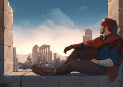 Rule 34 | 1boy, bandages, beard, bird, boots, facial hair, gauntlets, highres, koji (wildlhz), male focus, mature male, muscular, pants, red hair, ruins, scarf, shirt, sitting, sky, solo, virtual youtuber, youtube