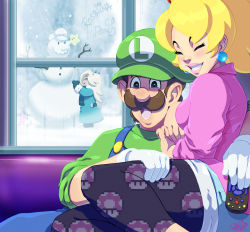 Rule 34 | 1boy, 2girls, black legwear, blonde hair, brown hair, child, commentary, commission, controller, couple, crown, earrings, english commentary, family, grin, happy, hat, hetero, high ponytail, if they mated, jewelry, lipstick, luigi, luma (mario), makeup, mario (series), multiple girls, mustach, nintendo, pink lips, princess peach, print legwear, remote control, rosalina, sitting, sitting on lap, sitting on person, smile, snow, snowman, super mario galaxy, tovio rogers, unmoving pattern, alternate universe, window, aged down