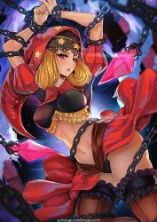 Rule 34 | 1girl, arms up, artist name, blonde hair, blush, chain, frilled garter, highres, hood, leggings, long hair, magion02, midriff, navel, odin sphere, patreon username, puff and slash sleeves, puffy sleeves, purple eyes, red hood, restrained, showgirl skirt, solo, stomach, striped clothes, striped leggings, striped thighhighs, thighhighs, toned, velvet (odin sphere), vertical-striped clothes, vertical-striped thighhighs