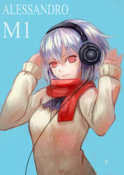 Rule 34 | 1girl, blue background, bryanth, cable, elbow gloves, gloves, hairband, headphones, headset, jacket, light purple hair, looking at viewer, original, purple hair, red eyes, red scarf, scarf, short hair, simple background, solo