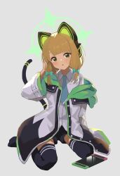 Rule 34 | :o, absurdres, animal ears, black jacket, black skirt, black thighhighs, blonde hair, blue archive, blue bow, blue necktie, blush, bow, cat ears, cat tail, collared shirt, dot nose, fake animal ears, fake tail, green eyes, green halo, grey background, hair bow, halo, hand in own hair, handheld game console, head tilt, highres, hood, hood down, hooded jacket, jacket, kgt (pixiv12957613), long bangs, long sleeves, looking at viewer, medium hair, midori (blue archive), multicolored clothes, multicolored jacket, necktie, off shoulder, open mouth, shirt, sidelocks, simple background, sitting, skirt, striped clothes, striped thighhighs, tail, thighhighs, two-tone jacket, wariza, white jacket, white shirt, zettai ryouiki