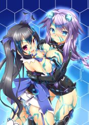 Rule 34 | 10s, 2girls, ass, black hair, blue eyes, blush, bodysuit, braid, breast press, breasts, cleavage, cleavage cutout, clothing cutout, hair ornament, highres, karasu10gu, large breasts, long hair, looking at viewer, multiple girls, neptune (neptunia), neptune (series), noire (neptunia), panties, purple hair, purple heart (neptunia), red eyes, sexually suggestive, slime (substance), symbol-shaped pupils, symmetrical docking, tears, thighhighs, twin braids, twintails, underwear, wam
