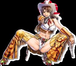 Rule 34 | bare shoulders, black lagoon, boots, breasts, brown eyes, brown hair, chaps, cleavage, cowboy, cowboy hat, cowboy western, dual wielding, elbow gloves, fingerless gloves, fringe trim, gloves, gun, handgun, hat, high heels, holding, large breasts, legs, long hair, looking at viewer, navel, pointing, ponytail, revolver, revy (black lagoon), shoes, simple background, smile, spurs, squatting, tattoo, thighs, weapon, western, white background