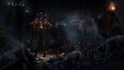 Rule 34 | 1girl, absurdres, balrog (lord of the rings), chandelier, commentary, crown, dark, dragon, english commentary, fire, highres, tolkien&#039;s legendarium, luthien, monster, morgoth, pete amachree, the silmarillion, throne, throne room, wolf