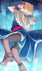 Rule 34 | 1girl, alice margatroid, ashiwara yuu, black thighhighs, blonde hair, blue eyes, boots, capelet, puppet strings, solo, thighhighs, thighs, touhou, wristband