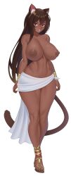 Rule 34 | 1girl, absurdres, animal ears, breasts, brown hair, cat ears, cat girl, cat tail, curvy, dark-skinned female, dark skin, egypt, egyptian, egyptian clothes, egyptian mythology, full body, highres, huge breasts, large breasts, loincloth, long hair, looking at viewer, nipples, nude, parted lips, red eyes, solo, standing, tail, topless, weelzelu, wide hips