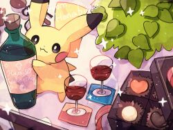 Rule 34 | animal focus, artist name, bottle, candy, chocolate, chocolate heart, colored skin, commentary request, cork, creatures (company), dot nose, drink, food, game freak, gen 1 pokemon, glass, hanabusaoekaki, happy valentine, heart, highres, leaf, nintendo, no humans, on table, pikachu, pokemon, pokemon (creature), solid oval eyes, solo, sparkle, table, yellow skin