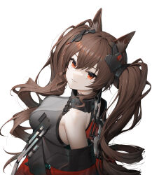 Rule 34 | 1girl, absurdres, angelina (arknights), animal ear fluff, animal ears, arknights, arknights: endfield, backless outfit, bare shoulders, black gloves, black jacket, bracelet, breasts, brown hair, chest strap, collar, commentary, crossed bangs, drill hair, eyelashes, fox ears, fox girl, from above, from side, gloves, grey shirt, grin, hair between eyes, hair intakes, hair ornament, high collar, highres, infection monitor (arknights), jacket, jewelry, long hair, looking at viewer, looking to the side, looking up, medium breasts, metal collar, multicolored clothes, multicolored jacket, official alternate costume, open clothes, open jacket, orange eyes, parted lips, red jacket, shirt, sidelocks, simple background, sleeveless, sleeveless shirt, smile, soho (user dphk5745), solo, teeth, turtleneck, turtleneck shirt, twin drills, twintails, two-tone jacket, unworn jacket, upper body, variant set, very long hair, white background