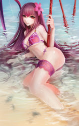 Rule 34 | 1girl, bikini, brown hair, derivative work, fate/grand order, fate (series), flower, hair flower, hair ornament, haohe buguo, hibiscus, highres, long hair, looking at viewer, parted lips, partially submerged, pink bikini, red eyes, scathach (fate), scathach (fate), scathach (swimsuit assassin) (fate), smile, solo, swimsuit, sword, water, weapon