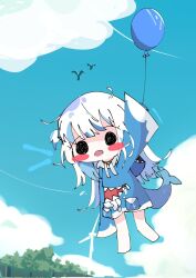 Rule 34 | 1girl, animal costume, animal hood, balloon, black eyes, blue hair, blue hoodie, blue sky, blunt bangs, blush stickers, chibi, cloud, cloudy sky, commentary, day, english commentary, fins, fish tail, full body, gawr gura, gawr gura (1st costume), grey hair, hair ornament, highres, holding, holding balloon, hololive, hololive english, hood, hood down, hoodie, koyoinacho, long hair, long sleeves, midair, multicolored hair, no pants, notice lines, open mouth, outdoors, shark costume, shark girl, shark hair ornament, shark hood, shark tail, sky, sleeves past fingers, sleeves past wrists, smol gura, solid circle eyes, solo, streaked hair, tail, two side up, variant set, virtual youtuber, wide sleeves, wind turbine, windmill