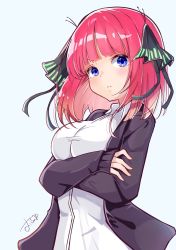Rule 34 | 1girl, :&lt;, absurdres, arm under breasts, black ribbon, blue eyes, blunt bangs, blush, breasts, butterfly hair ornament, cardigan, crossed arms, frown, go-toubun no hanayome, hair ornament, highres, large breasts, looking at viewer, nakano nino, okihiro, open cardigan, open clothes, pink hair, purple cardigan, ribbon, school uniform, shirt, simple background, sleeves past wrists, tsundere, twintails, v-shaped eyebrows, white shirt