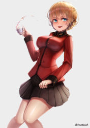 Rule 34 | 10s, 1girl, black skirt, blonde hair, blue eyes, braid, breasts, cowboy shot, cup, darjeeling (girls und panzer), epaulettes, girls und panzer, grey legwear, highres, holding, holding cup, jacket, long sleeves, looking at viewer, medium breasts, military, military jacket, military uniform, miniskirt, open mouth, pleated skirt, red jacket, short hair, simple background, skirt, smile, solo, spilling, st. gloriana&#039;s military uniform, standing, swept bangs, tacch, teacup, thighs, twin braids, twitter username, uniform