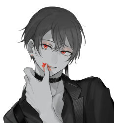 Rule 34 | 1boy, aho no sakata, belt collar, collar, collared shirt, earrings, eyeshadow, greyscale, hair between eyes, hand to own mouth, hand up, hassan (sink916), highres, jacket, jewelry, lapels, lipstick, long sleeves, looking at viewer, makeup, male focus, monochrome, notched lapels, off shoulder, open clothes, open collar, open jacket, parted lips, red eyes, red eyeshadow, red lips, shirt, short hair, simple background, single earring, smeared lipstick, smile, solo, spot color, stud earrings, tassel, tassel earrings, upper body, urashimasakatasen, utaite, white background, wiping mouth