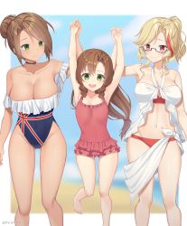 Rule 34 | 3girls, absurdres, armpits, bare legs, barefoot, beach, bikini, blonde hair, blurry, blurry background, breasts, brown hair, choker, cleavage, closed mouth, collarbone, covered navel, drill hair, feet out of frame, female commander (girls&#039; frontline), fn-49 (girls&#039; frontline), girls&#039; frontline, glasses, gluteal fold, green eyes, hair bun, halterneck, height difference, highleg, highleg swimsuit, highres, large breasts, layered bikini, lee-enfield (girls&#039; frontline), lifting person, linea alba, long hair, looking at another, looking at viewer, low-tied long hair, multicolored hair, multiple girls, navel, ocean, off-shoulder one-piece swimsuit, one-piece swimsuit, open mouth, outside border, parted bangs, pendant choker, red eyes, rynzfrancis, semi-rimless eyewear, single hair bun, sky, small breasts, smile, strapless, streaked hair, swimsuit, tareme, teeth, thighs, tube top, twin drills, twitter username, union jack, upper teeth only, water