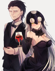 Rule 34 | 1boy, 1girl, alcohol, bad id, bad pixiv id, bare shoulders, black dress, black gloves, black hair, blonde hair, blush, bow, bowtie, breasts, choker, cleavage, cup, dress, drinking glass, drunk, elbow gloves, closed eyes, fate/apocrypha, fate/grand order, fate (series), gilles de rais (caster) (fate), gloves, half-closed eyes, headpiece, highres, holding, holding cup, jeanne d&#039;arc (fate), jeanne d&#039;arc (ruler) (fate), jeanne d&#039;arc alter (fate), jeanne d&#039;arc alter (holy night supper) (fate), large breasts, long hair, long sleeves, looking at viewer, official alternate costume, parted lips, simple background, sleeveless, sleeveless dress, smile, twitter username, upper body, very long hair, vest, white background, wine, wine glass, wing collar, yellow eyes, yukihama