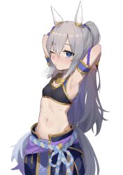 Rule 34 | 1girl, absurdres, animal ears, armband, armpits, arms behind head, arms up, blue eyes, blue pants, blush, breasts, breath, cowboy shot, crop top, ear covers, grey hair, highres, horse ears, horse girl, horse tail, long hair, looking at viewer, navel, one eye closed, pants, pony (animal), rope, shimenawa, simple background, small breasts, solo, tail, tamamo cross (fierce thunder god) (umamusume), tamamo cross (furious narukami) (umamusume), tamamo cross (umamusume), umamusume, white background, yuku~