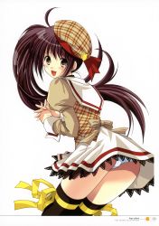 Rule 34 | 1girl, :d, absurdres, ahoge, ass, azuma yuki, black thighhighs, brown hair, clothes pull, hat, highres, lace, lace-trimmed skirt, lace trim, legs, long hair, looking at viewer, open mouth, panties, pantyshot, plaid, polka dot, polka dot panties, scan, school uniform, side ponytail, skirt, skirt pull, smile, solo, thighhighs, underwear, white panties, wind, wind lift