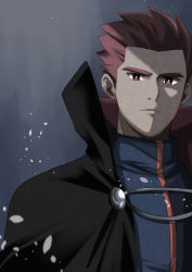 Rule 34 | 1boy, absurdres, black cloak, bright pupils, cloak, closed mouth, commentary request, creatures (company), frown, game freak, grey jacket, highres, jacket, lance (pokemon), looking at viewer, male focus, matsukaze mattya, nintendo, pokemon, pokemon hgss, popped collar, red eyes, red hair, short hair, solo, spiked hair, upper body, white pupils