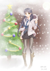 Rule 34 | 1girl, black hair, boots, christmas, christmas tree, highres, libus, long hair, original, snow, solo, thigh boots, thighhighs, yellow eyes