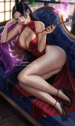 Rule 34 | 1girl, black hair, blue eyes, boa hancock, breasts, cleavage, earrings, female focus, full body, hand on own cheek, hand on own face, jewelry, large breasts, legs, lipstick, long hair, looking at viewer, lying, makeup, nail polish, one piece, solo, tagme, thighhighs, wickellia