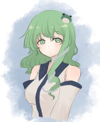 Rule 34 | 1girl, bare shoulders, breasts, closed mouth, commentary request, cropped torso, detached sleeves, frog hair ornament, green eyes, green hair, grey background, hair ornament, highres, kochiya sanae, long hair, looking at viewer, medium breasts, pipita, snake hair ornament, solo, touhou