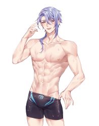 Rule 34 | 1boy, abs, black jammers, black male swimwear, blue hair, cowboy shot, genshin impact, highres, jammers, jammers pull, kamisato ayato, looking at viewer, male focus, male swimwear, male swimwear pull, mole, multicolored hair, muscular, muscular male, navel, nipples, pulling own clothes, purple eyes, rourouki, short hair, simple background, stomach, swimsuit, white background