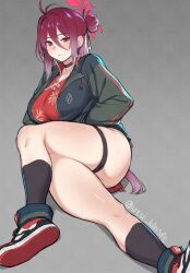Rule 34 | 1girl, antenna hair, black choker, black socks, blue archive, blush, breasts, choker, closed mouth, collarbone, dress, green jacket, grey background, halo, highres, jacket, large breasts, long hair, long sleeves, looking at viewer, mole, mole under eye, red dress, red eyes, red hair, red halo, reijo (blue archive), shoes, simple background, socks, solo, thigh strap, thighs, twitter username, utu (ldnsft)