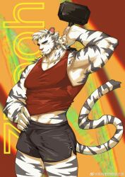 Rule 34 | 1boy, absurdres, alternate costume, animal ears, arknights, armpits, bara, black shorts, dolphin shorts, dumbbell, exercising, facial hair, feet out of frame, furry, furry male, goatee, hand on own hip, highres, huge pectorals, looking at viewer, male focus, midriff peek, mountain (arknights), muscular, muscular male, no scar, oversized object, pectoral cleavage, pectorals, red tank top, scar, scar across eye, seductive smile, short hair, shorts, smile, solo, standing, tank top, thick eyebrows, thighs, tiger boy, tiger ears, weightlifting, white hair, yingou li de wenyi zhi yuan