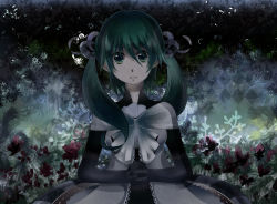 Rule 34 | 1girl, alternate costume, argyle, argyle background, argyle clothes, black gloves, bow, bowtie, capelet, closed mouth, dress, elbow gloves, expressionless, flower, gloves, green eyes, green hair, hair between eyes, hair ornament, hatsune miku, lace, lace-trimmed dress, lace trim, long hair, looking at viewer, mariwai (marireroy), matching hair/eyes, own hands together, shinri ibitsu, solo, twintails, upper body, vocaloid, white bow, white bowtie