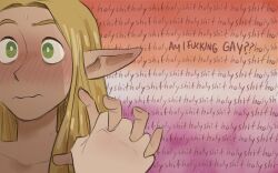 Rule 34 | 2girls, blonde hair, blush, bright pupils, churroach, closed mouth, commentary, dungeon meshi, ear blush, elf, embarrassed, english commentary, falin touden, falin touden (tallman), green eyes, holding hands, interlocked fingers, lesbian flag, long hair, marcille donato, multiple girls, pointy ears, profanity, scene reference, sweat, upper body, white pupils, yuri