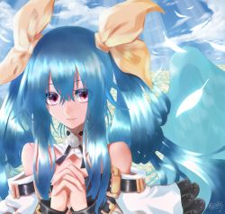 Rule 34 | 1girl, angel wings, bare shoulders, blue hair, blue sky, choker, cloud, cloudy sky, detached collar, detached sleeves, dizzy (guilty gear), eyelashes, feathered wings, feathers, field, flower, flower field, guilty gear, guilty gear xrd, hair between eyes, hair ribbon, hair rings, highres, light rays, long hair, mariebell, monster girl, own hands together, red eyes, revision, ribbon, sidelocks, signature, sky, solo, sunbeam, sunlight, twintails, upper body, wings, yellow ribbon