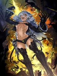 Rule 34 | 1girl, :d, black legwear, breasts, earrings, fangs, fur trim, gauntlets, hair over one eye, jewelry, long hair, looking at viewer, open mouth, pixiv fantasia, pointy ears, shinazo, shorts, silver hair, smile, solo, teeth, yellow eyes