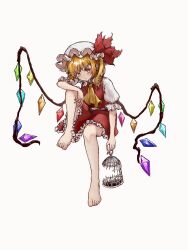 Rule 34 | 1girl, arm rest, ascot, bare arms, bare legs, barefoot, birdcage, blonde hair, bow, cage, closed mouth, diamond (shape), flandre scarlet, frilled hat, frilled skirt, frilled sleeves, frills, full body, hat, hat bow, head tilt, highres, holding, holding cage, invisible chair, knee up, looking at viewer, medium hair, mob cap, multicolored wings, myui17901139, orange eyes, puffy short sleeves, puffy sleeves, red bow, red skirt, red vest, shirt, short sleeves, side ponytail, simple background, sitting, skirt, solo, toes, touhou, vest, white background, white hat, white shirt, wings, yellow ascot