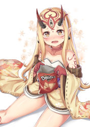 Rule 34 | 1girl, bare shoulders, blonde hair, cenangam, collarbone, colored skin, doritos, earrings, facial mark, fate/grand order, fate (series), horns, ibaraki douji (fate), japanese clothes, jewelry, long hair, looking at viewer, oni, oni horns, open mouth, pointy ears, red skin, slit pupils, solo, tattoo, tearing up, tears, wide sleeves, yellow eyes