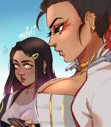 Rule 34 | 2girls, absurdres, animification, apex legends, artist name, black hair, black jacket, blue background, braid, breasts, cleavage, commentary, earrings, english commentary, eyeshadow, gold choker, grey jacket, grey sweater, hair behind ear, hair ornament, hairclip, highres, holding, jacket, jewelry, lady nefeli, large breasts, loba (apex legends), looking down, looking to the side, makeup, meme, multicolored hair, multiple girls, original, parted lips, girl staring at guys chest (meme), purple hair, red eyeshadow, red hair, ribbed sweater, shadow, sweater, twin braids, two-tone hair
