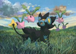 Rule 34 | animal focus, blue sky, closed mouth, cloud, colored sclera, commentary, creatures (company), fangs, field, floating, game freak, gen 2 pokemon, gen 4 pokemon, highres, hoppip, light particles, looking at another, luxray, nintendo, no humans, open mouth, orange sclera, outdoors, pokemon, pokemon (creature), sky, smile, solid circle eyes, symbol-only commentary, volpecorvo, yellow eyes
