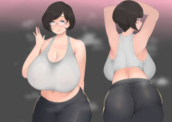 Rule 34 | 1girl, armpits, ass, black hair, black legwear, blue eyes, blush, breasts, cleavage, curvy, glasses, highres, huge breasts, licking lips, looking at viewer, looking back, moebell, naughty face, see-through, see-through shirt, short hair, smile, sports bra, sweat, thick thighs, thighs, tongue, tongue out