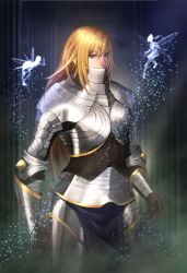 Rule 34 | 3girls, armor, blonde hair, breastplate, brown eyes, column, commentary request, covered mouth, cowboy shot, fairy, gauntlets, hair between eyes, knight, leg armor, long hair, looking at viewer, minami koyogi, mouthpiece, multiple girls, original, pauldrons, pillar, shoulder armor, sparkle