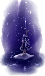 Rule 34 | 1girl, arm up, back, barefoot, blue dress, blue hair, bow, cirno, dress, from behind, full body, gradient background, hair bow, hair ornament, hair ribbon, ice, ice wings, looking up, matsu 84, no shoes, puffy short sleeves, puffy sleeves, purple hair, ribbon, short hair, short sleeves, solo, standing, touhou, water, wings