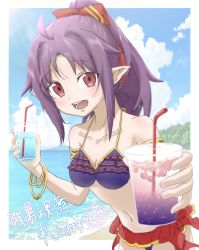 Rule 34 | 1girl, ahoge, armlet, bare shoulders, beach, bikini, bracelet, breasts, cleavage, cup, drinking straw, highres, holding, holding cup, ice, jewelry, looking at viewer, masshirotenshi, navel, ocean, open mouth, parted bangs, pointy ears, ponytail, purple hair, red eyes, sand, small breasts, solo, swimsuit, sword art online, yuuki (sao)