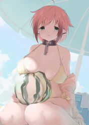 1girl absurdres aqua_eyes beach beach_umbrella bikini breasts chain collar food fruit highres ikaros jacket large_breasts metal_collar open_mouth outdoors painnico pink_hair pink_jacket robot_ears sidelocks smile solo sora_no_otoshimono swimsuit umbrella watermelon wet yellow_bikini