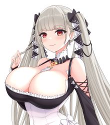 Rule 34 | 1girl, azur lane, bare shoulders, breasts, closed mouth, formidable (azur lane), grey hair, hair ornament, hair ribbon, highres, large breasts, long hair, long sleeves, looking at viewer, red eyes, ribbon, simple background, smile, solo, transparent background, twintails, upper body, vik (xypt7474), white background